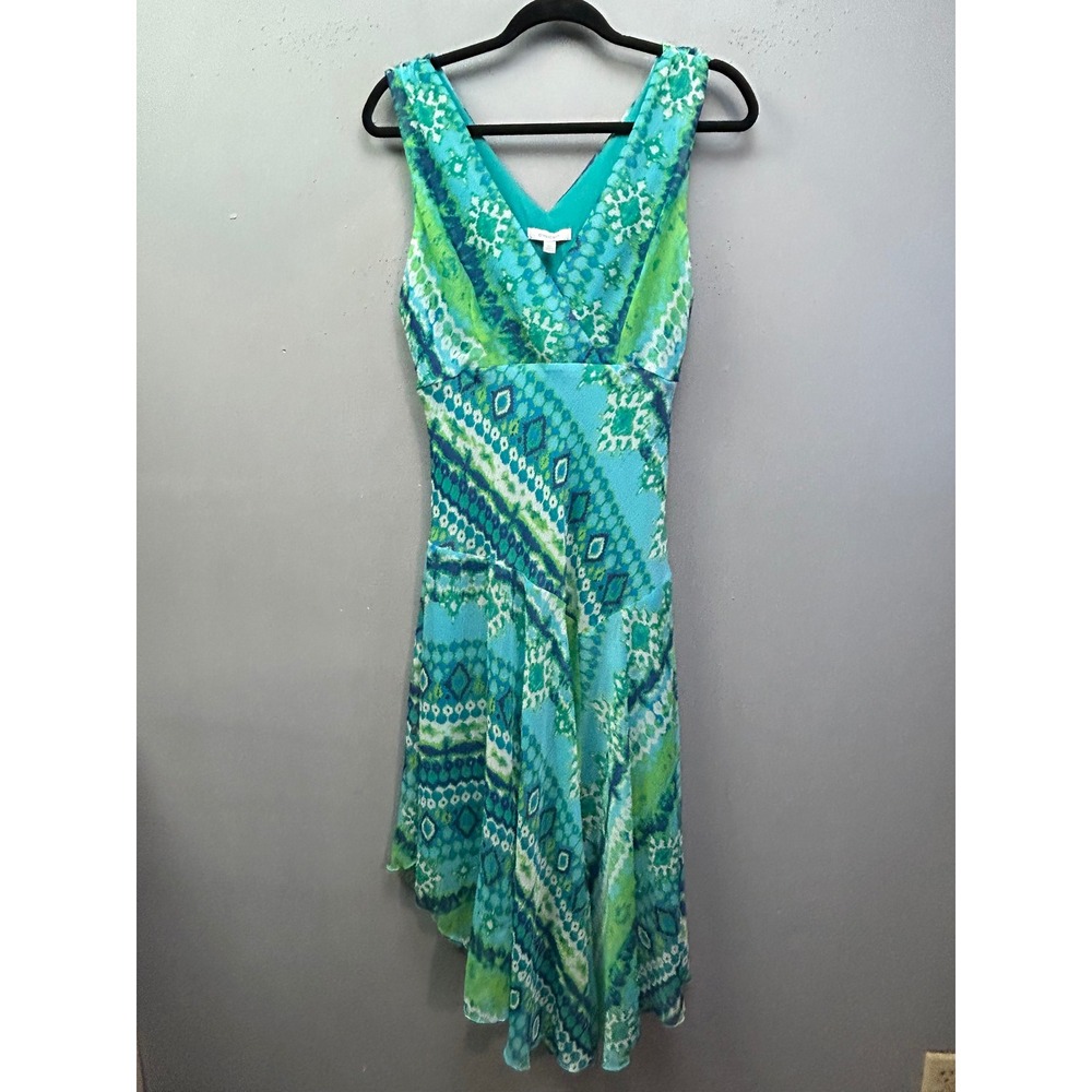 Dressbarn Dress Women 12 Blue Green Geometric Handkerchief Hem Sleeveless V-Neck